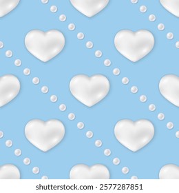 White 3d hearts and pearls on blue background Vector seamless pattern St. Valentine's Day decoration