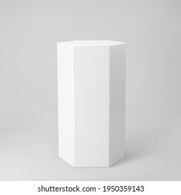 White 3d hexagon podium with perspective isolated on grey background. Product podium mockup in hexagon shape, pillar, empty museum stage or pedestal. 3d basic geometric shape vector illustration