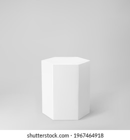 White 3d hexagon podium with perspective isolated on grey background. Product podium mockup in hexagon shape, pillar, empty museum stage or pedestal. 3d basic geometric shape vector illustration