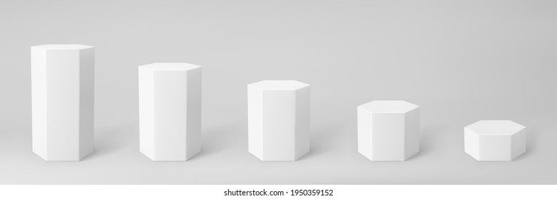 White 3d hexagon podium set with perspective isolated on grey background. Product podium mockup in hexagon shape, pillar, empty museum stages or pedestal. 3d basic geometric shape vector illustration