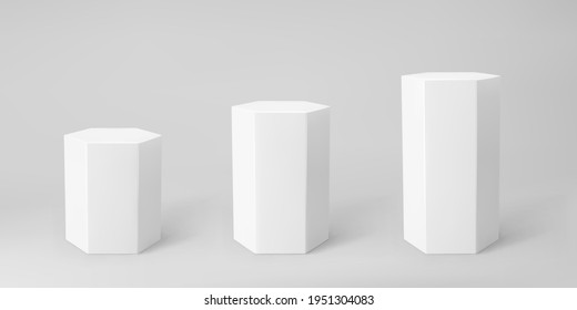 White 3d hexagon podium set with perspective isolated on grey background. Product podium mockup in hexagon shape, pillar, empty museum stages or pedestal. 3d basic geometric shape vector illustration