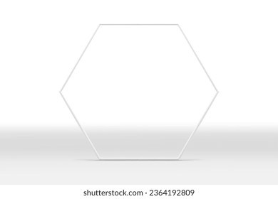 White 3d hexagonal frame pastel border mock up for cosmetic product show presentation vector illustration. Realistic neutral boundary geometric decorative element empty studio background promo space