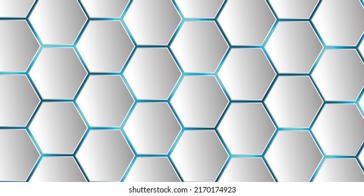 White 3d hexagonal technology abstract background. Blue bright energy flashes under hexagon background, White honeycomb texture grid, vector, illustration