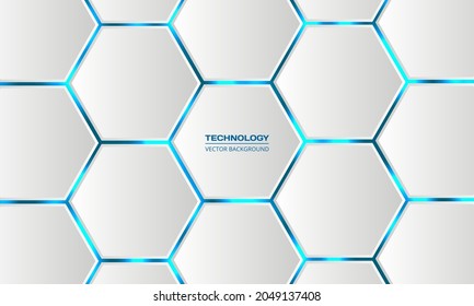 White 3d hexagonal technology vector abstract background. Blue bright energy flashes under hexagon in modern technology futuristic background vector illustration. White honeycomb texture grid.