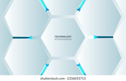 White 3d hexagonal technology vector abstract background. Blue bright energy flashes under hexagon in modern technology futuristic background. White honeycomb texture grid vector illustration.