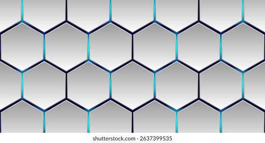 White 3d hexagonal technology vector abstract background. Blue bright energy flashes under hexagon in modern technology futuristic background vector illustration. White honeycomb texture grid.