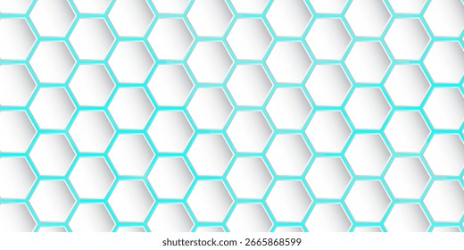 White 3d hexagonal technology vector abstract background. Blue bright energy flashes under hexagon in modern technology futuristic background vector illustration. White honeycomb texture grid.
