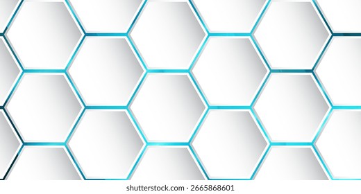 Vetor de tecnologia hexagonal 3d branco fundo abstrato. A energia brilhante azul pisca sob o hexágono na ilustração vetorial futurista de fundo de tecnologia moderna. Grade de textura de favo de mel branco.

