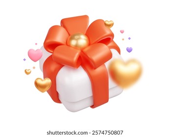 White 3D holiday gift box with red ribbon bow and floating hearts  for romantic greetings, promotional designs, and postcard decorations.