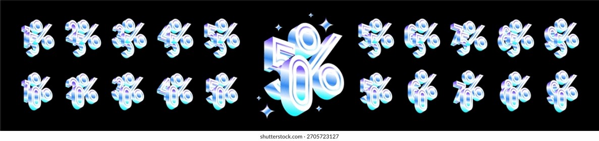 Colección de descuento de número holográfico 3D blanco. Incluye 10 20 30 40 50 60 70 80 90 15 a 95 y 99 por ciento de Plantilla de diseño aislado en fondo negro.