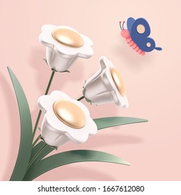 White 3d illustration cute flowers and butterfly on pink background