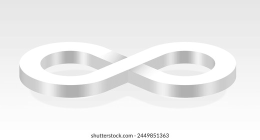 Símbolo blanco del infinito 3D sobre fondo blanco. Diseño de logotipo de Vector sin fin. Concepto de infinito con sombra para su diseño de Sitio web, logotipo, App, UI. EPS10.