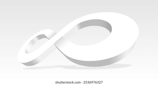 Símbolo branco de infinito 3D no plano de fundo branco. Design interminável de logotipo vetorial. Conceito de infinito com sombra para o design do seu site, logotipo, aplicativo, UI. EPS10