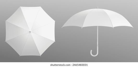 White 3d isolated blank umbrella mockup vector. Realistic parasol with handle mock up for branding and advertising set. Rain weather season fashion. Various waterproof open object front and top view