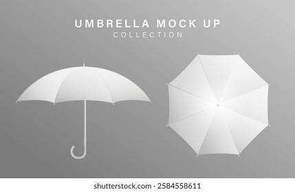 White 3d isolated blank umbrella mockup vector. Realistic parasol with handle mock up for branding and advertising set. Rain weather season fashion. Various waterproof open object front and top view