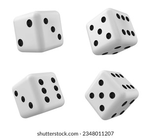 Blanco 3d dados realistas aislados para el icono del vector del juego del casino. Backgammon afortunado cubo roll con número de 1, 6 o dos puntos. Elección aleatoria de suerte cuadrada para la ilustración de juegos de póquer