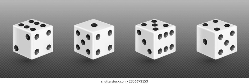 Blanco 3d dados realistas aislados para el icono del vector del juego del casino. Backgammon afortunado cubo roll con número de 1, 6 o dos puntos. Elección aleatoria de suerte cuadrada para la ilustración de juegos de póquer