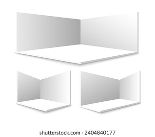 White 3d jail box inside corner set. Exhibition blank deep interior empty floor square corners perspective room isolated vector illustration