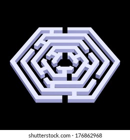 White 3d labyrinth in hexagon shape on black background