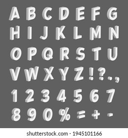 White 3D Letters, Numbers, Punctuation Marks, Mathematical Signs, Percent Sign. Vector Illustration