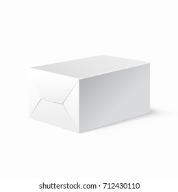 White 3D locked box in the empty wrapping paper for the presentation patterns and design. Realistic illustration. Mock up template. Vector. Clean carton. Case for brand on it. EPS10.