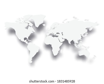 White 3D map of world with dropped shadow on background. Worldwide theme wallpaper. Rendered three-dimensional EPS10 vector illustration.