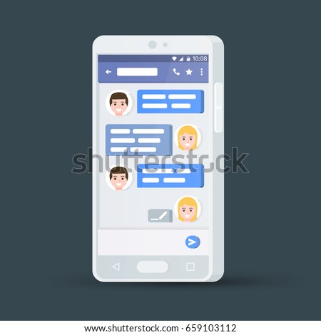 White 3d mobile phone. Message exchange. Social network concept. Messenger window. Chating and messaging concept. Blue chat boxes. Vector illustration.