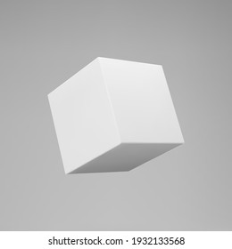 White 3d modeling cube with perspective isolated on grey background. Render a rotating 3d box in perspective with lighting and shadow. Realistic vector icon