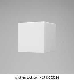 White 3d modeling cube with perspective isolated on grey background. Render a rotating 3d box in perspective with lighting and shadow. Realistic vector icon