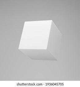 White 3d modeling cube with perspective isolated on grey background. Render a rotating 3d box in perspective with lighting and shadow. Realistic vector icon