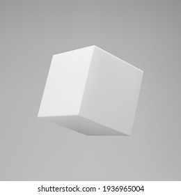 White 3d modeling cube with perspective isolated on grey background. Render a rotating 3d box in perspective with lighting and shadow. Realistic vector icon