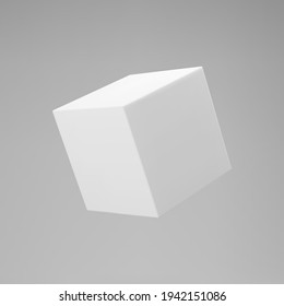 White 3d modeling cube with perspective isolated on grey background. Render a rotating 3d box in perspective with lighting and shadow. Realistic vector icon