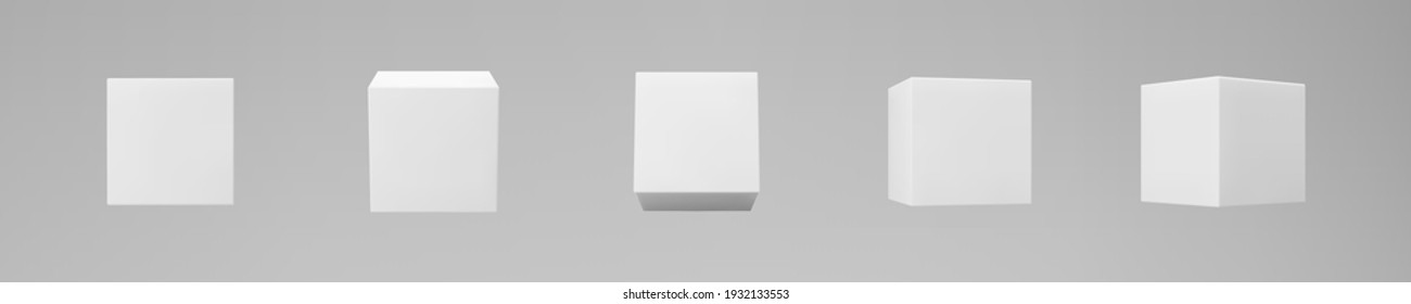 White 3d modeling cubes set with perspective isolated on grey background. Render a rotating 3d box in perspective with lighting and shadow. Realistic vector icon