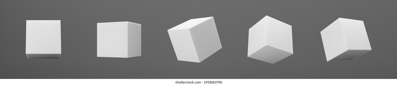 Cubos de modelado blanco 3d con perspectiva aislada sobre fondo oscuro. Representar una caja 3d giratoria en perspectiva con luz y sombra. Icono vector realista