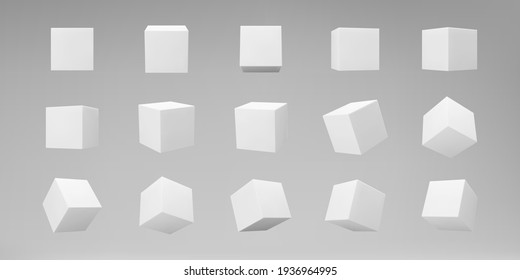 White 3d modeling cubes set with perspective isolated on grey background. Render a rotating 3d box in perspective with lighting and shadow. Realistic vector icon