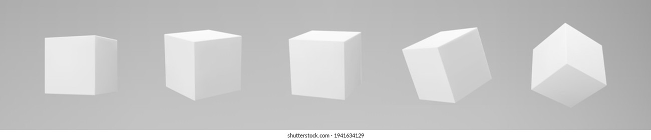White 3d modeling cubes set with perspective isolated on grey background. Render a rotating 3d box in perspective with lighting and shadow. Realistic vector icon
