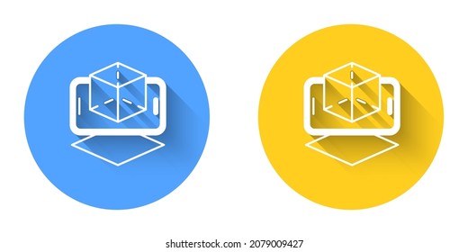 White 3d modeling icon isolated with long shadow background. Augmented reality or virtual reality. Circle button. Vector