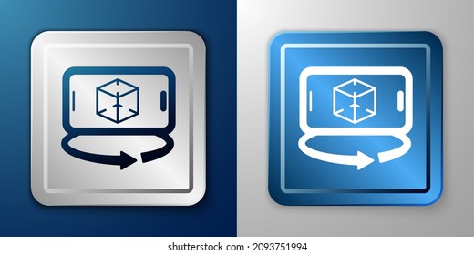 Weißes 3D-Modellierungssymbol einzeln auf blauem und grauem Hintergrund. Augmented Reality oder virtuelle Realität. Silber und blauer Quadrat-Button. Vektorgrafik