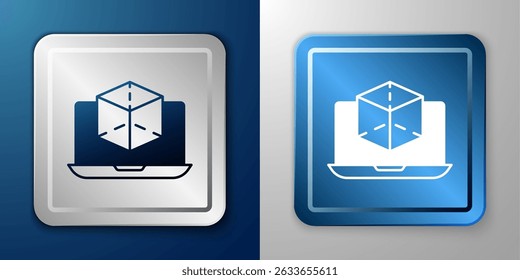 White 3d modeling icon isolated on blue and grey background. Augmented reality or virtual reality. Silver and blue square button. Vector