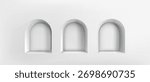 White 3d niche shelf set with arched frame openings in empty wall background. Three architectural holes or alcoves - minimalist room interior elements for product placement, exhibition display mockup