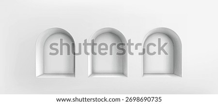 White 3d niche shelf set with arched frame openings in empty wall background. Three architectural holes or alcoves - minimalist room interior elements for product placement, exhibition display mockup