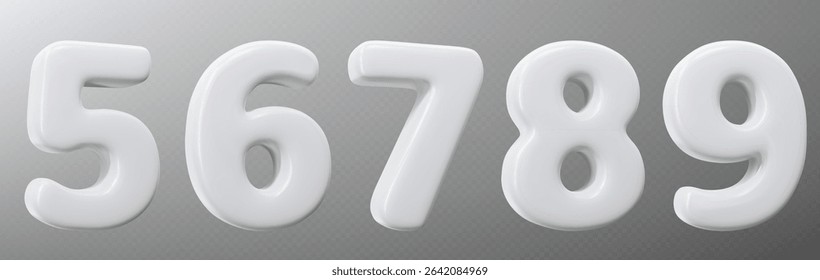 White 3d numbers collection with smooth rounded edges on gray background. Inflated digits in modern volumetric style for birthday or anniversary cards or educational materials in minimalist design.