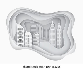 White 3d Paper Art City Skycrapers. Abstract Paper Waves, Layers. Modern Buildings