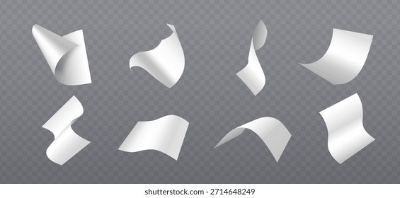 Folhas de papel 3D brancas em movimento de queda em plano de fundo transparente - páginas voadoras com bordas curvas e sombras realistas. Coleção de modelos de documento em branco no movimento dinâmico do ar para design do Office.