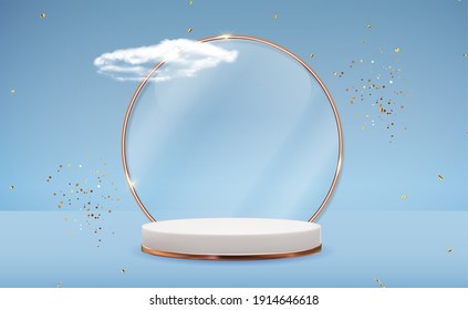 White 3d  pedestal background with Golden Glass Ring Frame, realistic clouds. Trendy empty podium display for cosmetic product presentation, fashion magazine. Copy space vector illustration