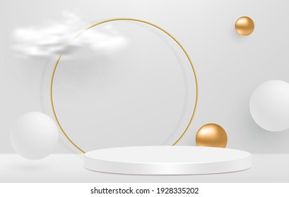 White 3d pedestal background with Golden Glass Ring Frame, realistic clouds. Trendy empty podium display for cosmetic product presentation, fashion magazine. Copy space vector illustration
