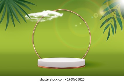 White 3d  pedestal background with Golden Glass Ring Frame, realistic  palm leaves for cosmetic product presentation, fashion magazine. Copy space vector illustration EPS10