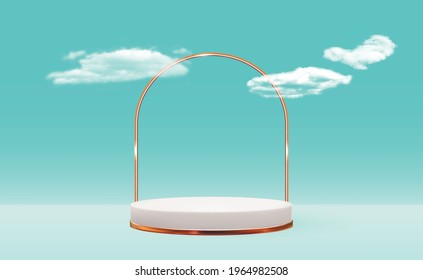 White 3d  pedestal background with Golden Glass Ring Frame on blue cloudy for cosmetic product presentation, fashion magazine. Copy space vector illustration EPS10