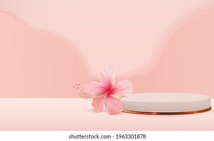 White 3d  pedestal background with hibiscus flower for cosmetic product presentation, fashion magazine. Copy space vector illustration EPS10