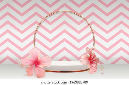 White 3d  pedestal background with hibiscus flower for cosmetic product presentation, fashion magazine. Copy space vector illustration EPS10